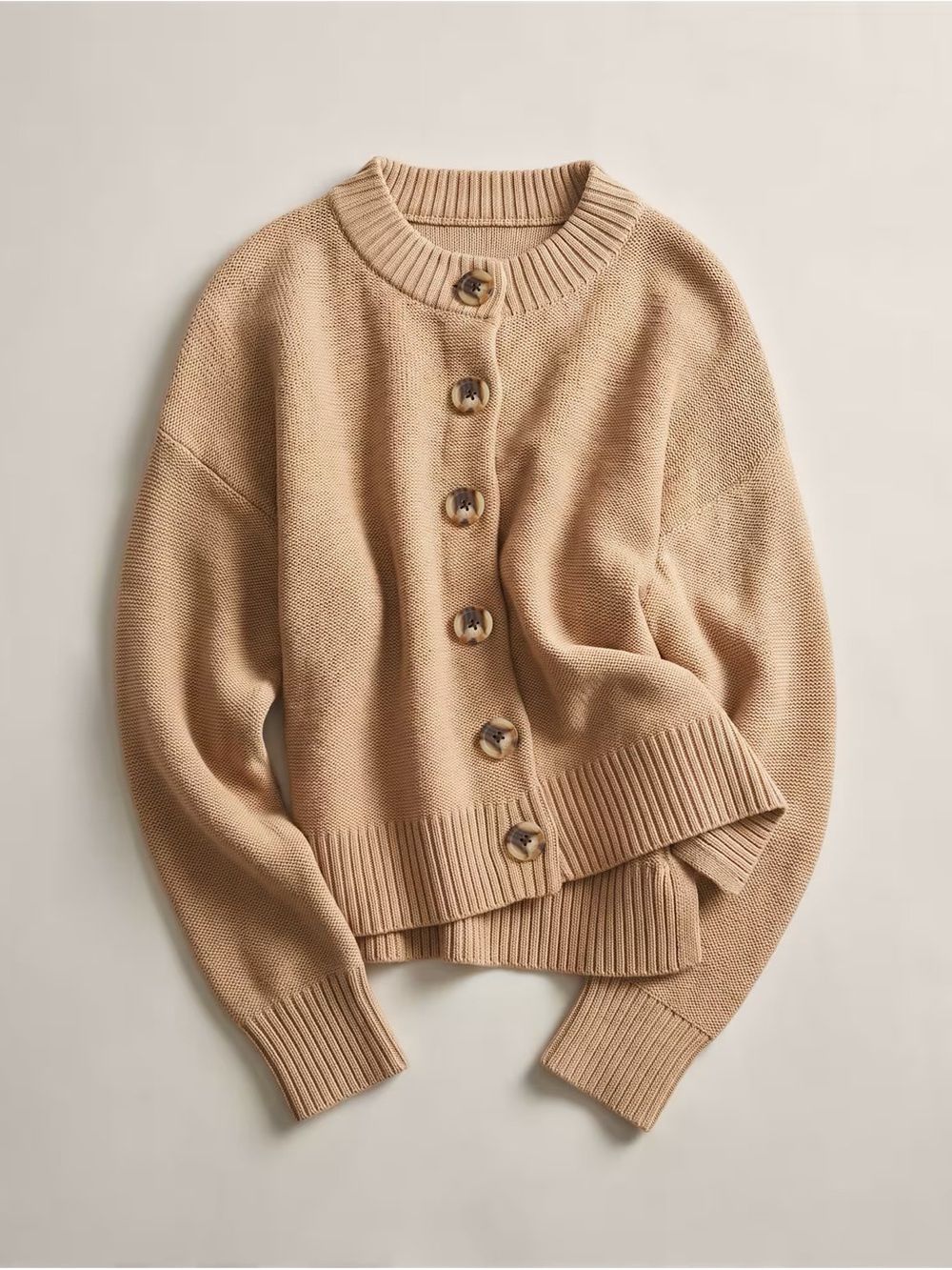 Quince 100% Organic Cotton Cropped Beige Rib-Trim Button Front Sweater Small